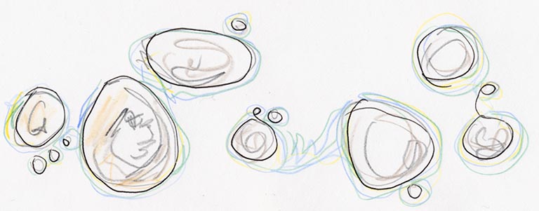 Drawing features Greg's arrangement of organic shapes representing stones and boulders